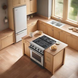 An aerial view of a traditional kitchen with a stove and a light wooden table for placing appliances.