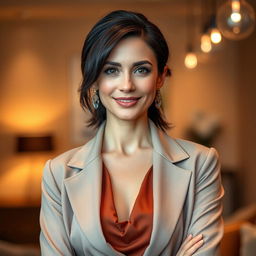 A beautiful woman aged between 30 to 35 years with European features and dark hair styled elegantly
