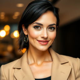 A beautiful woman aged between 30 to 35 years with distinct European features and dark hair styled elegantly