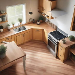 An aerial view of a traditional kitchen with a stove and a light wooden table for placing appliances.