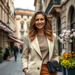 A 40-year-old European woman with refined features, dressed in stylish and contemporary clothing