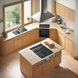 An aerial view of a traditional kitchen with a stove and a light wooden table for placing appliances.