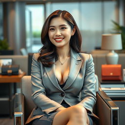 A beautiful 27-year-old Japanese businesswoman with large breasts, exuding an aura of confidence and charm