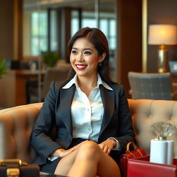 A beautiful 27-year-old Japanese businesswoman with large breasts, exuding an aura of confidence and charm