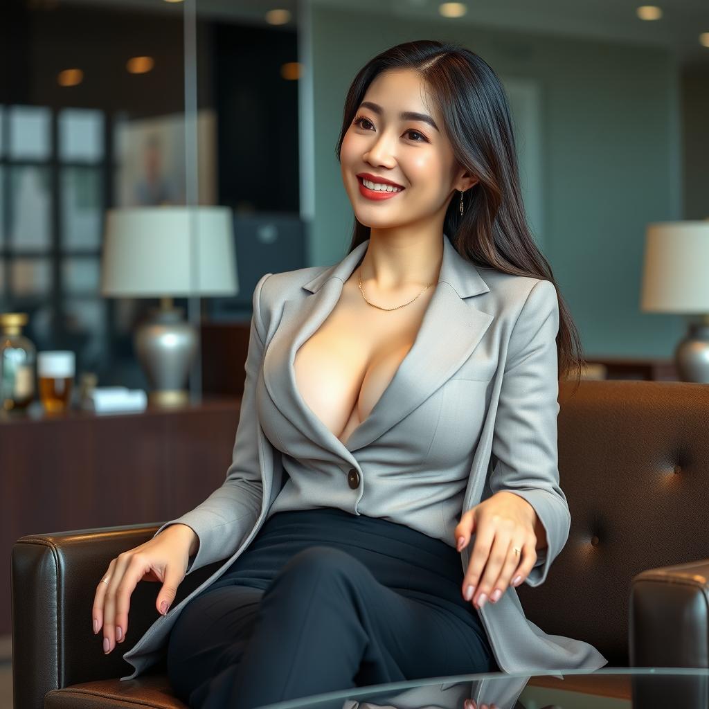 A beautiful 27-year-old Japanese businesswoman with large breasts, exuding an aura of confidence and charm