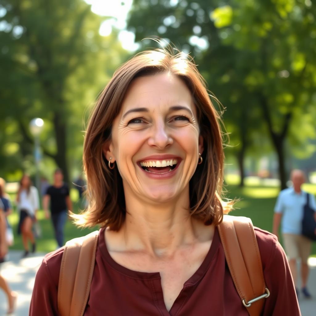 A vibrant, candid portrait of a 40-year-old European woman with natural features, dressed in casual, everyday clothing