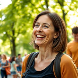 A vibrant, candid portrait of a 40-year-old European woman with natural features, dressed in casual, everyday clothing