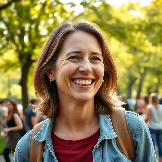 A vibrant, candid portrait of a 40-year-old European woman with natural features, dressed in casual, everyday clothing