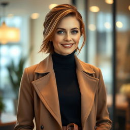 A beautiful woman aged between 30 to 35 years with European features and light brown (brunette) hair styled elegantly
