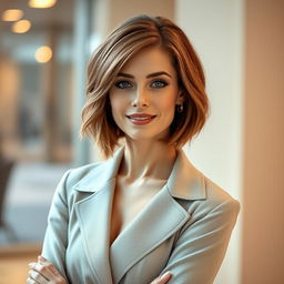 A beautiful woman aged between 30 to 35 years with European features and light brown (brunette) hair styled elegantly