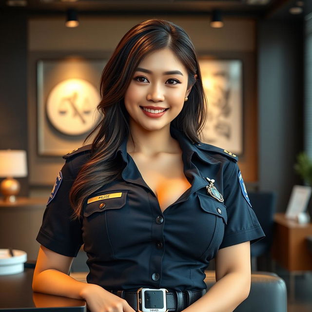 A stunning 27-year-old Japanese policewoman with large breasts, exuding confidence and authority