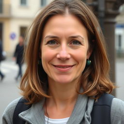 A casual portrait of a 40-year-old European woman with approachable features, dressed in comfortable everyday clothing