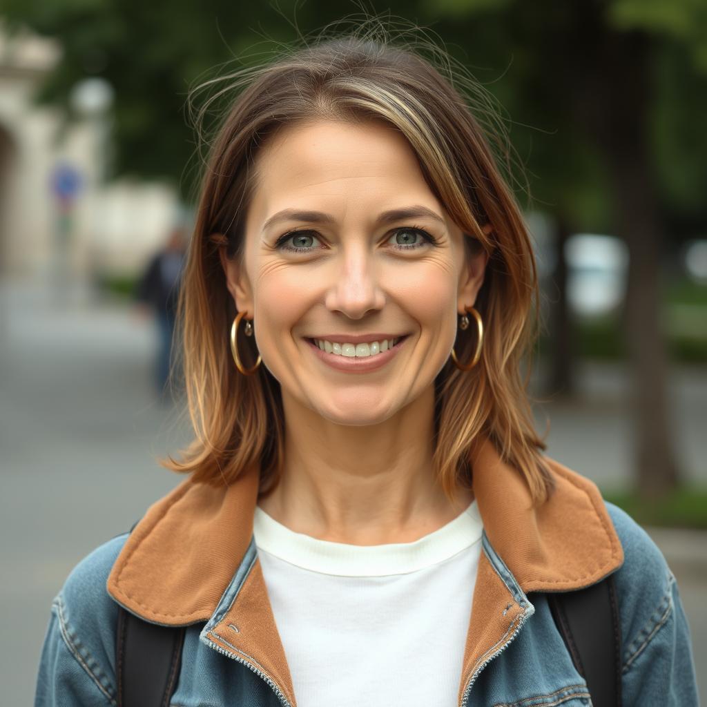 A casual portrait of a 40-year-old European woman with approachable features, dressed in comfortable everyday clothing