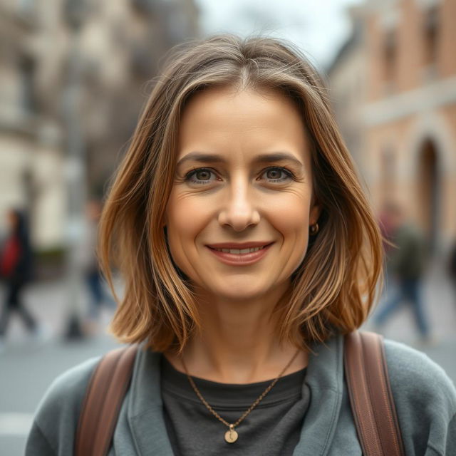 A casual portrait of a 40-year-old European woman with approachable features, dressed in comfortable everyday clothing