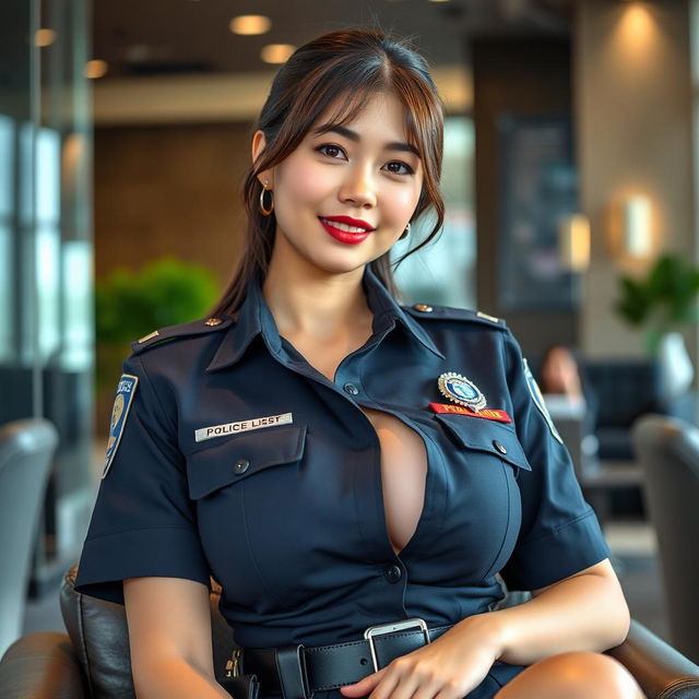 A stunning 27-year-old Japanese policewoman with large breasts, exuding confidence and charm