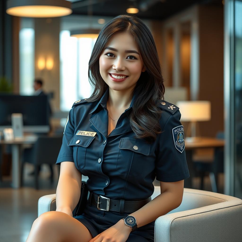 A stunning 27-year-old Japanese policewoman with large breasts, exuding confidence and charm