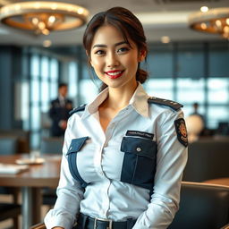 A stunning 27-year-old Japanese policewoman with large breasts, exuding confidence and charm