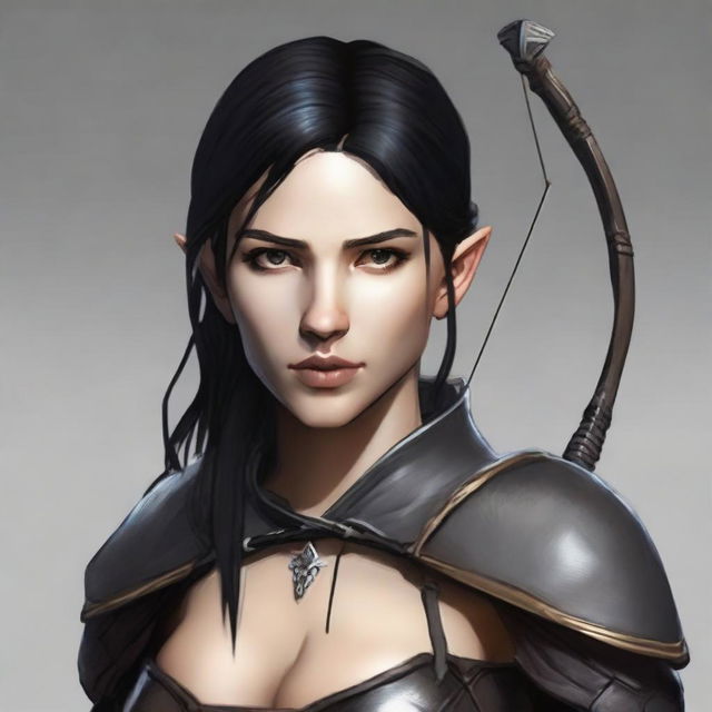 Generate an image of a female half-elf with light tan skin and black hair