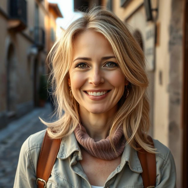 A casual portrait of a 40-year-old Italian woman with light hair, dressed in everyday clothing