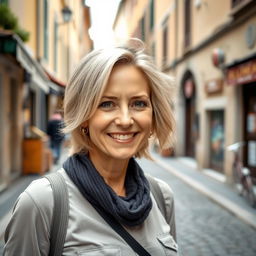 A casual portrait of a 40-year-old Italian woman with light hair, dressed in everyday clothing