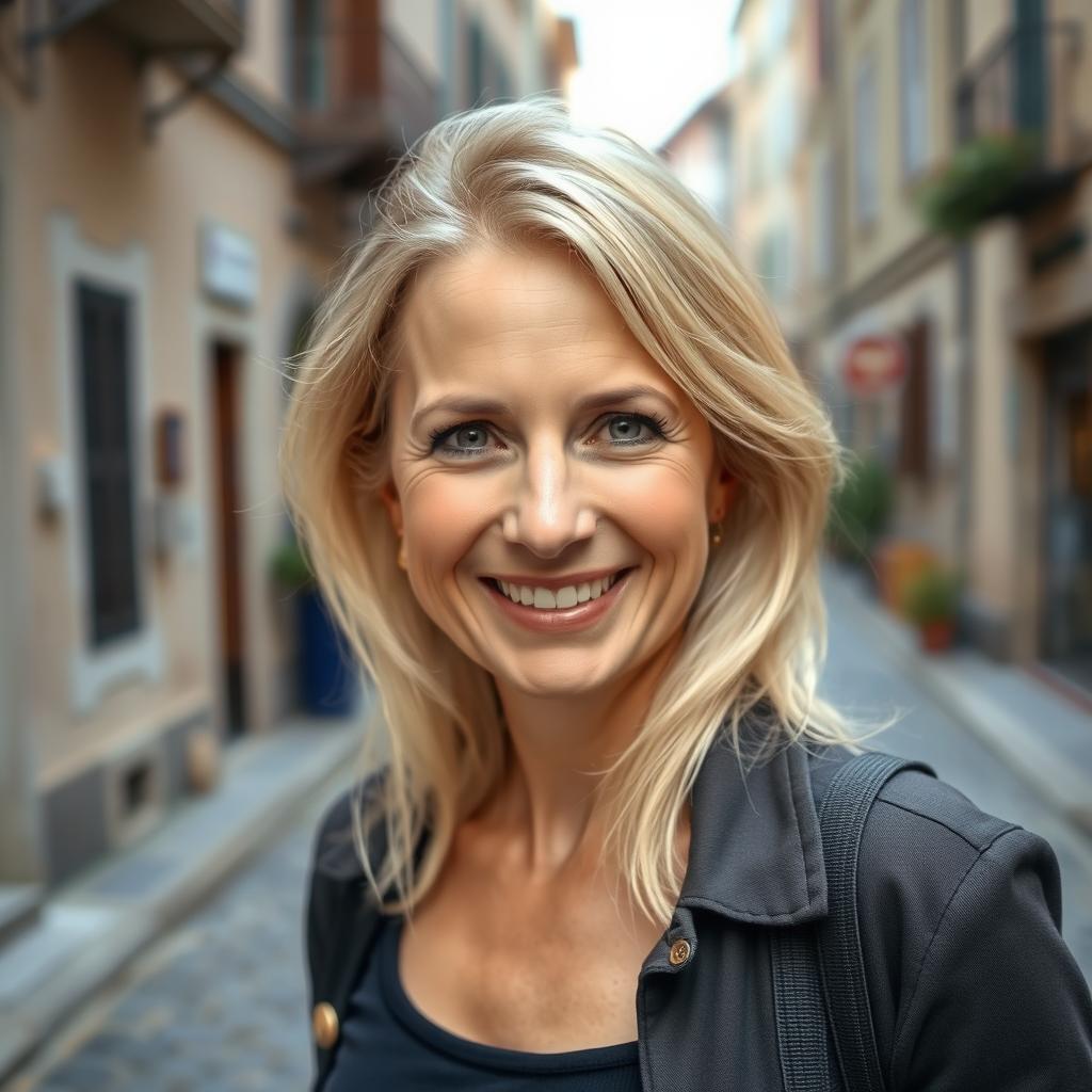 A casual portrait of a 40-year-old Italian woman with light hair, dressed in everyday clothing