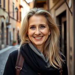 A casual portrait of a 40-year-old Italian woman with light hair, dressed in everyday clothing
