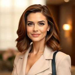 A beautiful woman aged between 30 to 35 years with European features and light brown (brunette) hair styled elegantly