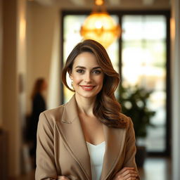 A beautiful woman aged between 30 to 35 years with European features and light brown (brunette) hair styled elegantly