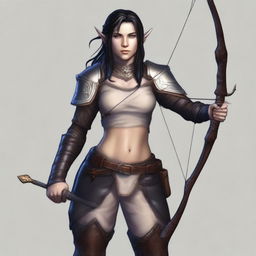 Generate an image of a female half-elf with light tan skin and black hair