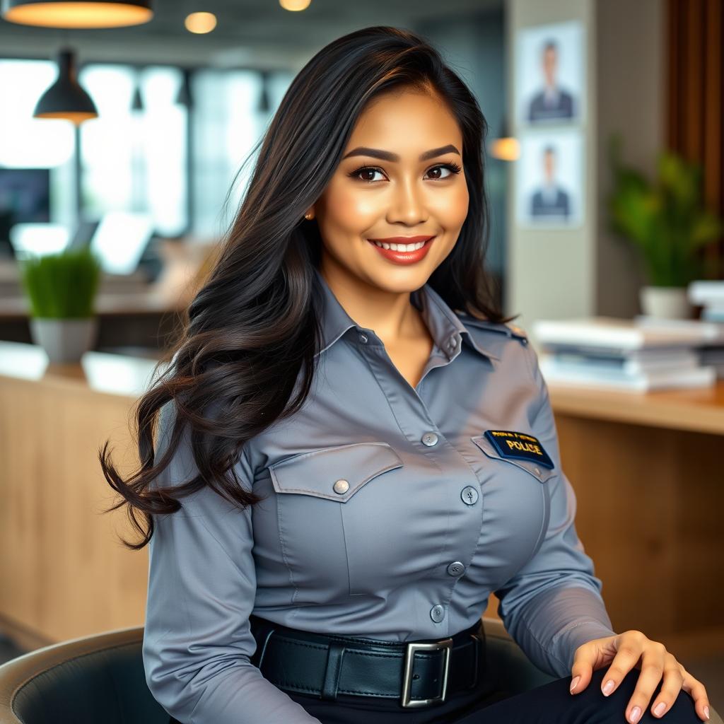 A beautiful 27-year-old Indonesian policewoman with large breasts, exuding confidence and allure