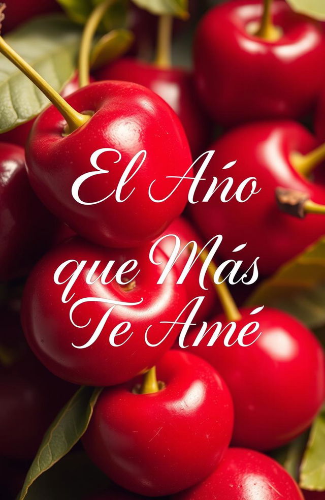 An elegant and romantic scene featuring the title 'El Año Que Más Te Amé' beautifully scripted in a flowing font, surrounded by a vibrant and artistic background of ripe, luscious cherries