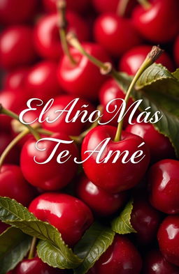 An elegant and romantic scene featuring the title 'El Año Que Más Te Amé' beautifully scripted in a flowing font, surrounded by a vibrant and artistic background of ripe, luscious cherries