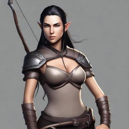 Generate an image of a female half-elf with light tan skin and black hair