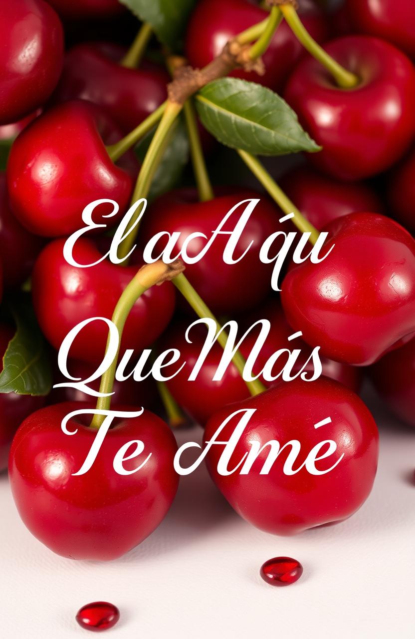 An elegant and romantic scene featuring the title 'El Año Que Más Te Amé' beautifully scripted in a flowing font, surrounded by a vibrant and artistic background of ripe, luscious cherries