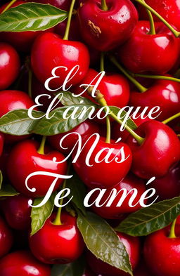 An elegant and romantic scene featuring the title 'El Año Que Más Te Amé' beautifully scripted in a flowing font, surrounded by a vibrant and artistic background of ripe, luscious cherries