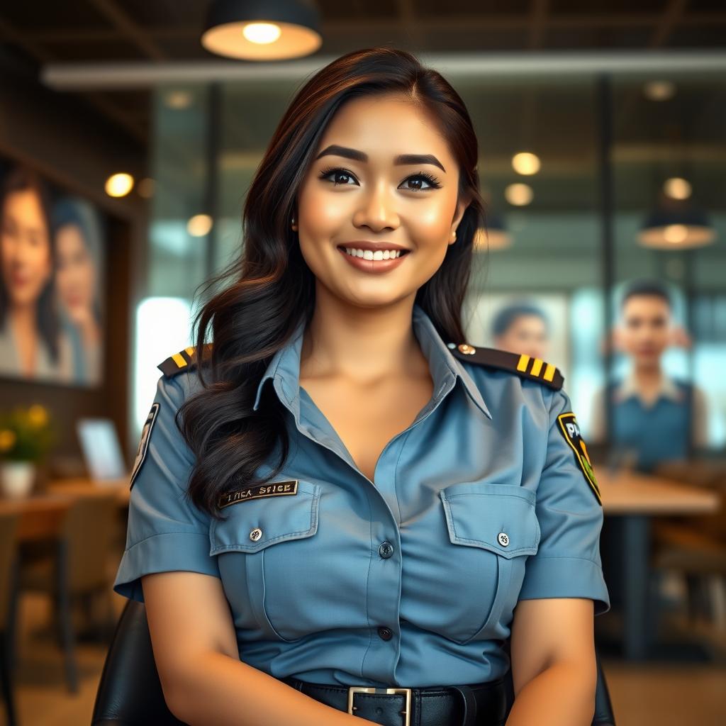 A beautiful 27-year-old Indonesian policewoman with large breasts, radiating confidence and attraction