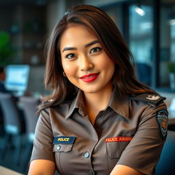 A beautiful 27-year-old Indonesian policewoman with large breasts, radiating confidence and attraction