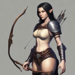 Generate an image of a female half-elf with light tan skin and black hair