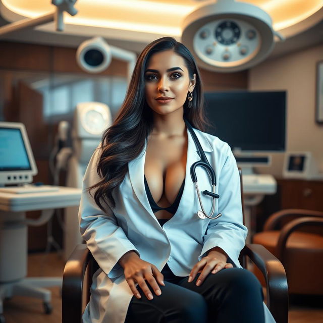 A stunning 27-year-old Arab woman with a captivating figure, featuring large breasts, elegantly dressed in a doctor's coat