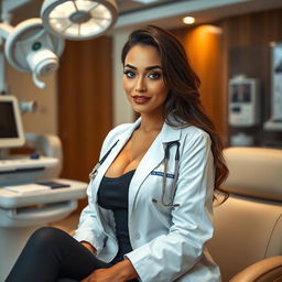A stunning 27-year-old Arab woman with a captivating figure, featuring large breasts, elegantly dressed in a doctor's coat