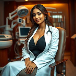 A stunning 27-year-old Arab woman with a captivating figure, featuring large breasts, elegantly dressed in a doctor's coat