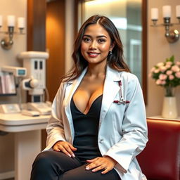 A gorgeous 27-year-old Indonesian woman with an enchanting appearance, showcasing large breasts, dressed in a stylish doctor’s coat