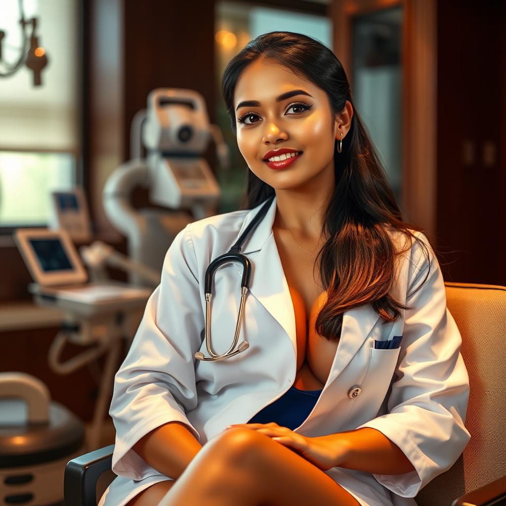 A gorgeous 27-year-old Indonesian woman with an enchanting appearance, showcasing large breasts, dressed in a stylish doctor’s coat