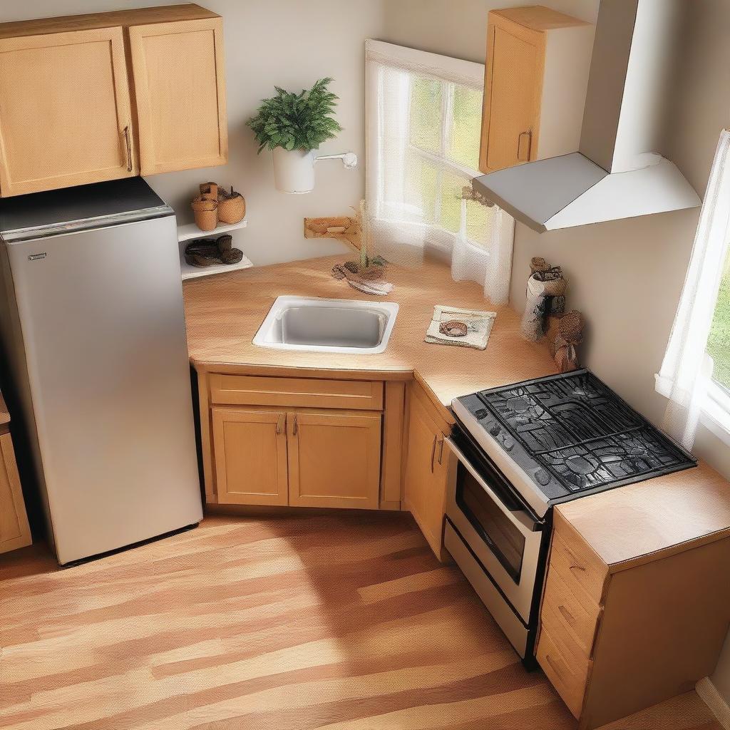 Aerial view of a kitchen setting with a stove, sink, and a light wooden table for placing appliances.