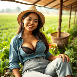 A beautiful 27-year-old Indonesian woman with an attractive figure, showcasing large breasts, dressed in casual yet chic farmer's attire, relaxing in a lush, vibrant agricultural setting