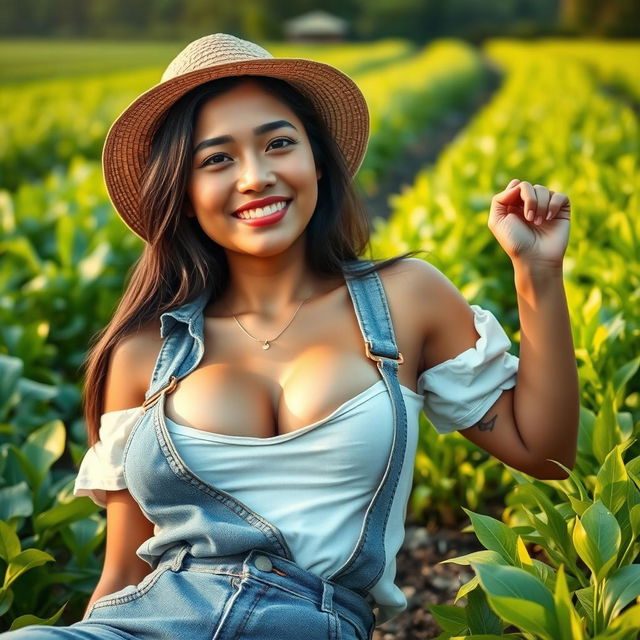 A beautiful 27-year-old Indonesian woman with an attractive figure, showcasing large breasts, dressed in casual yet chic farmer's attire, relaxing in a lush, vibrant agricultural setting