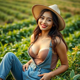 A beautiful 27-year-old Indonesian woman with an attractive figure, showcasing large breasts, dressed in casual yet chic farmer's attire, relaxing in a lush, vibrant agricultural setting