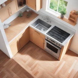 Aerial view of a kitchen setting with a stove, sink, and a light wooden table for placing appliances.