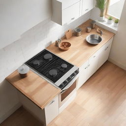 Aerial view of a kitchen setting with a stove, sink, and a light wooden table for placing appliances.