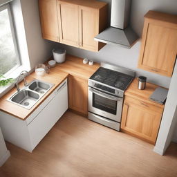 Aerial view of a kitchen setting with a stove, sink, and a light wooden table for placing appliances.